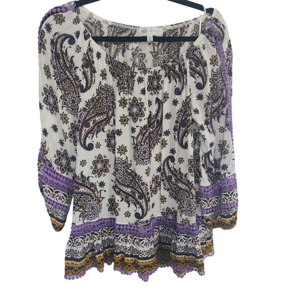 Fever Boho Paisley Tunic Top Medium Violet Gold Pom Pom Crochet‎ Lace Blouse